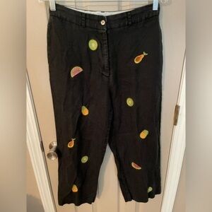 Lillian Jones Y2K linen ankle pants with assorted trendy fruit appliqués.